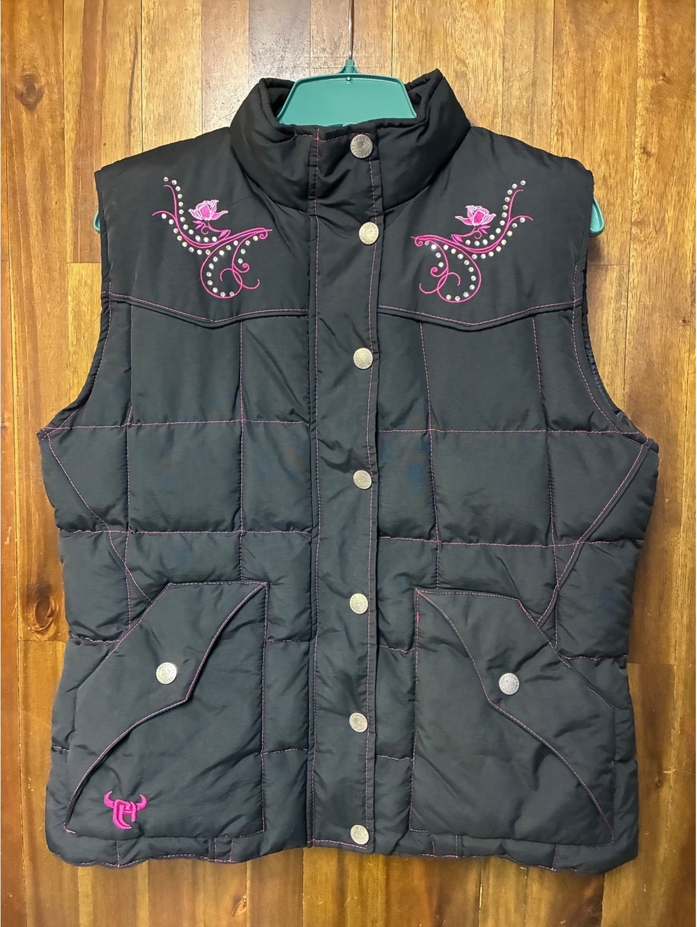 Cowgirl Hardware Black Pink Embroidered Western Puffer Vest Rhinestone M